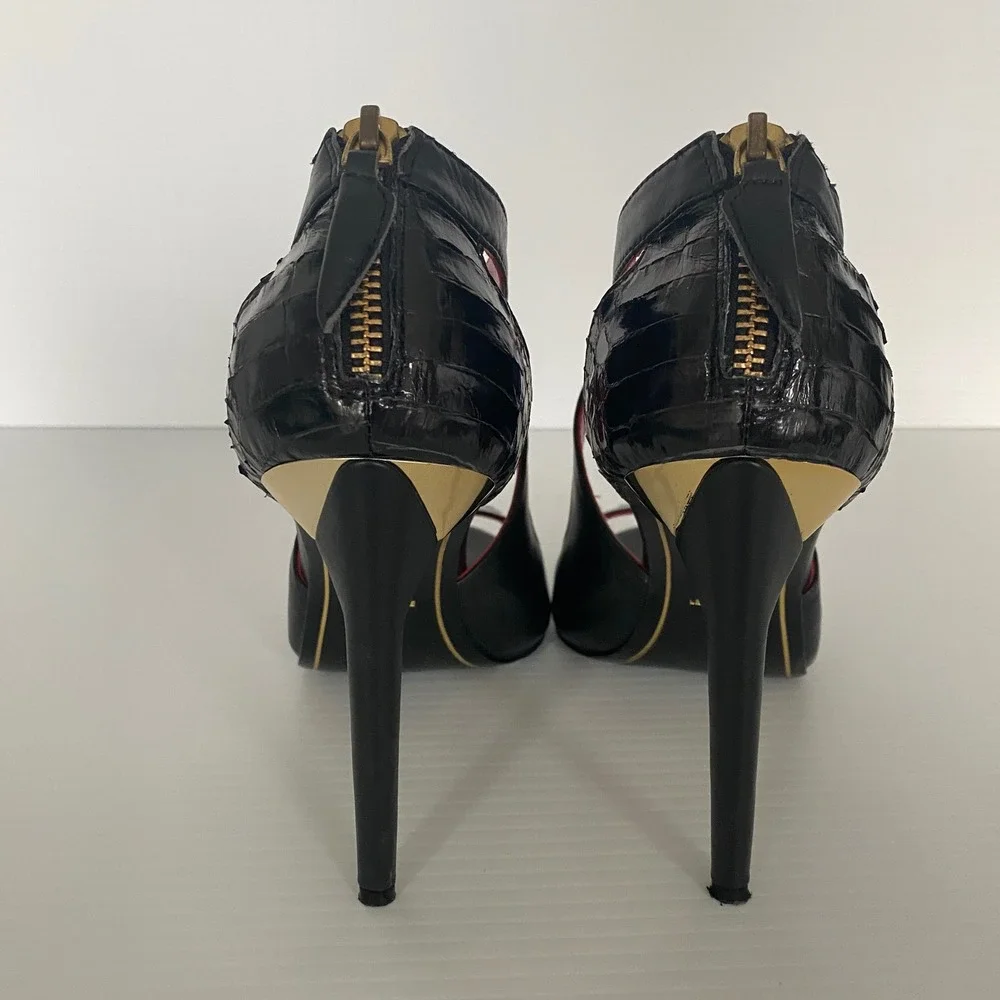 Charles‎ Jourdan Paris Beth Black Snakeskin Stiletto Peep Toe Heels Sandals 7.5